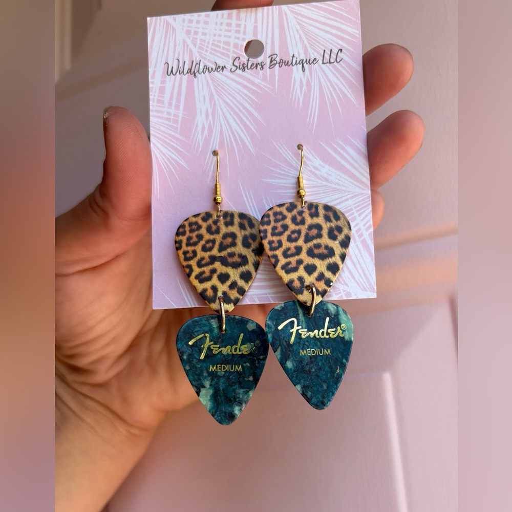 Fender Leopard Print and Teal Guitar Pick Earrings